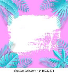 Vector poster with tropical leaves and white square brush stroke on the pink background. Colorful banner template.