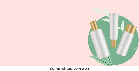 vector poster with a tube of cream and shampoo on a pink background. flat image of bottle with balm and flowers