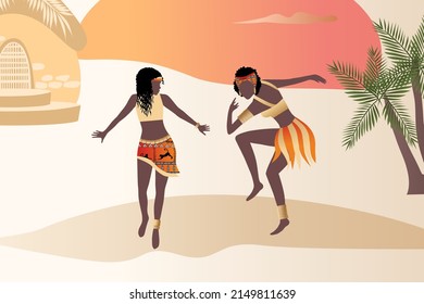 Vector, poster. Two beautiful African women dancing  in the desert, plants, abstract shapes and landscape in the desert and sun. Abstract posters in minimalistic style. Collection of contemporary 