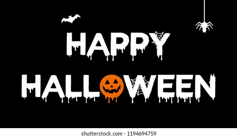 Vector poster with type of Happy Halloween, pumpkin with bat, spider and web on black background. For banner, greeting card, party invitation, postcard, typography poster.
