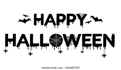 Vector poster with type of Happy Halloween with bat, spider and web isolated on white background. For banner, greeting card, party invitation, postcard, typography poster.