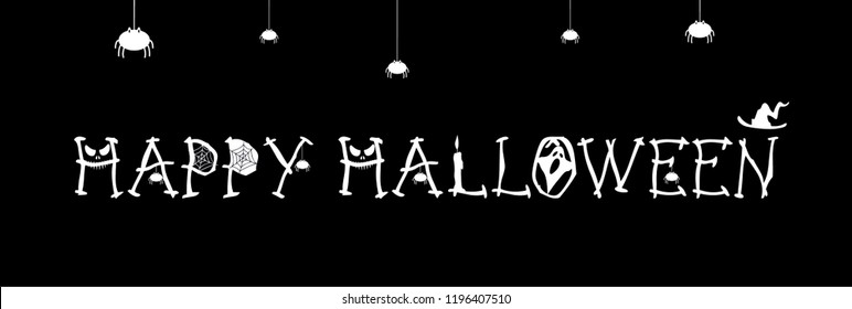 Vector poster with type of Happy Halloween, pumpkin with bat, spider and web on black background. For banner, greeting card, party invitation, postcard, typography poster.