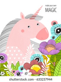 Vector poster with a unicorn in bright tropical flowers. Cartoon character. The unicorn hides in the bushes. summer. magic. horse