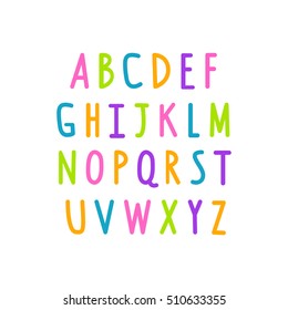 Vector poster with uppercase English alphabet letters. Cartoon English alphabet for English lessons.
Trendy color kids alphabet.
Decorative ABC letters. 
Cute font for .
Vector Illustration.