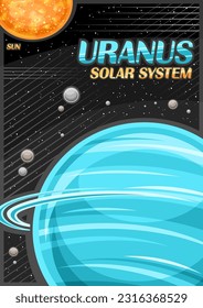 Vector Poster for Uranus, vertical banner with illustration of rotating satellites around cartoon uranus planet on black starry background, decorative a4 cosmo leaflet with word uranus - solar system