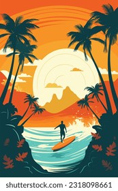 Vacaciones de póster vectorial, verano, surf en el mar