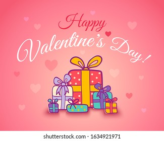 Vector poster for Valentine's day with colorful gifts and hearts. Gifts and hearts on pink background.