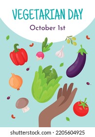 Vector poster for a vegetarian day with vegetablea and a hand