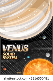 Vector Poster for Venus, decorative vertical banner with illustration of rotation venus planet around cartoon sun on black starry background, format a4 cosmo leaflet with words venus - solar system
