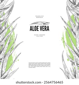 Vector poster with vertical borders depicting aloe vera, a useful plant with prickly leaves, made in the form of a hand-drawn drawing for skin care cosmetics