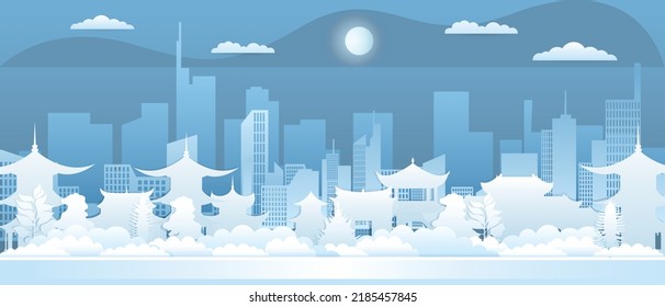 Vector poster with a view of the architecture of China. City landscape. Asian city.