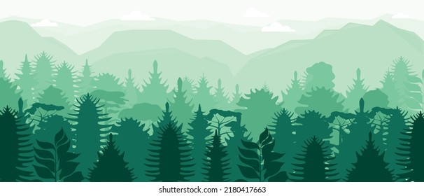 Vector poster with a view of the forest and mountains. Natural landscape. Flat design.
