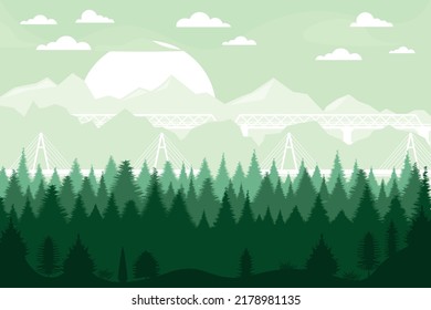 Vector poster with a view of a natural landscape with a forest and mountains.