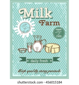 Vector poster in vintage style of a dairy farm. Organic product
