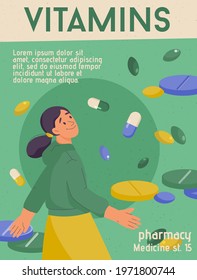 Vector Poster Of Vitamins Concept. Smiling Woman Among Flying Pills, Capsules And Dietary Supplement Tablets. Healthcare, Diet Nourishment, Drug Store. Character Illustration Of Advertising Banner