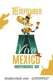 Vector poster Viva Mexico 16 september, traditional mexican phrase holiday, lettering vector flat illustration El Castillo or Temple of Kukulkan pyramid, Chichen Itza, Yucatan, sombrero mexicano ghost