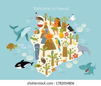 Vektorplakat "Willkommen auf Hawaii". Hawai-Karte. Tiere und Pflanzen von Hawaii. Flora und Fauna der Insel.
