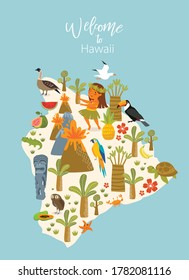 Afiche del vector "Bienvenidos a Hawaii". mapa de hawai. Animales y plantas de Hawaii. Flora y fauna de la isla.
