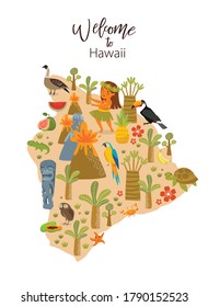 Vector poster "Welcome to Hawaii". hawai map. Animals and plants of Hawaii. Flora and fauna of the island.
