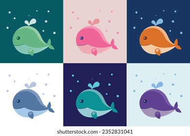 Vector poster with whales. Bright images with multi-colored mammals inhabitants of the sea.