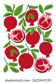 Vektorposter mit ganzen und halbierten Granatäpfeln und grünen Blättern auf weißem Hintergrund. Konzept gesunder Lebensmittel, natürlicher Ernährung und frischer Obsternte
