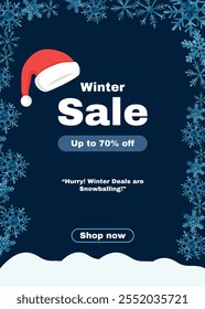 A vector poster for a Winter Sale. 

The background is a deep navy blue, framed by snowflakes in a light greyish-blue colour. 
red and white Santa hat and winter sale text up to 70%off 
