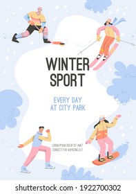 Vector Poster Of Winter Sport Every Day At City Park Concept. Sports Event Announcement. Men And Women Playing Hockey, Snowboarding, Skiing Or Skating. Character Illustration Of Advertising Banner