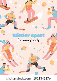 Vector Poster Of Winter Sport For Everybody Concept. Men And Women Playing Hockey, Snowboarding, Skiing Or Skating. Sport Competitions, Athletics Event. Character Illustration Of Advertising Banner