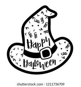 Vector poster of witch hat in black color saying Happy Halloween isolated on white background