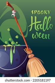 Vector poster with witches cauldron with potion and broom. Postcard for the holiday. Happy Halloween, holiday symbol. Poster, postcard, invitation, banner a4 size