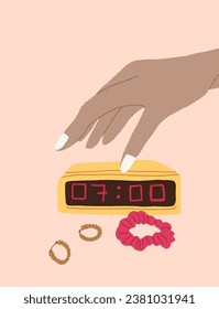 Vector poster with woman hand switching off alarm clock. Morning routine concept