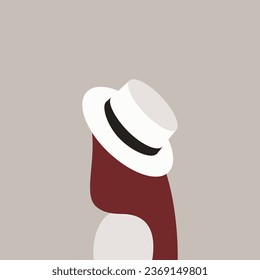 Vector poster. Woman in white hat silhouette. Flat style female portrait. Hand drawn illustration. Graphic design, cartoon print, banner, brochure, logo, card, doodle drawing, beige background.