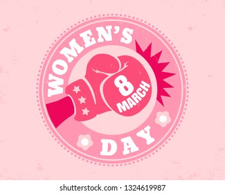Vector poster for woman's day. 8 march day. Retro pink emblem for women's day with boxing glove.