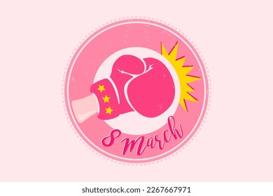 Afiche vectorial del día de la mujer. 8 de marzo. Emblema rosa retro para el día de la mujer con guante de boxeo.