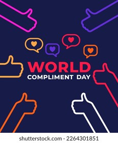 Vector poster World Compliment Day. Line multicolored illustration on a dark background. People putting their thumbs up.  