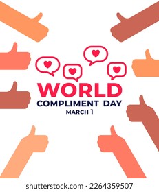 Vector poster World Compliment Day. Heart, likes, vector illustration. People giving thumbs up.  