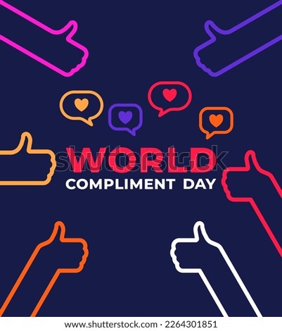 Vector poster World Compliment Day. Line multicolored illustration on a dark background. People putting their thumbs up.  