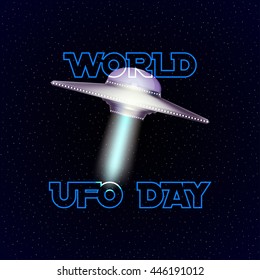 Vector poster for world ufo day with aliens spaceship.