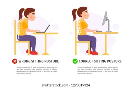 Vector poster wrong and correct sitting posture. Illustration of cute girl.