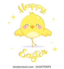 vector poster with yellow cute chick for easter with stars