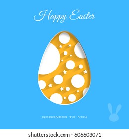 Vector poster of yellow Easter egg with white geometric pattern and text on the blue background.