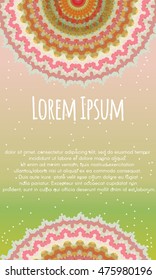 Vector poster/flyer. Geometric mandala on pinkand green background.
