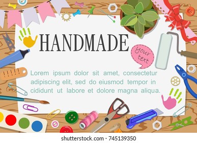 Vector poster-notice about handmade and creative process: drawing, embroidery, workshop, cutting paper, painting, knitting, embroidery, applique, sawing for adults and children.