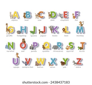 Vector posters with 3d multicolored letters of the alphabet and cartoon animals for children Hand-drawn font graphics are ideal for decorating postcards, labels, brochures, flyers, pages, banners. ABC