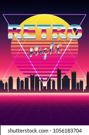 Vector posters 80s Retro Sci-Fi Background with Night City Skyline.