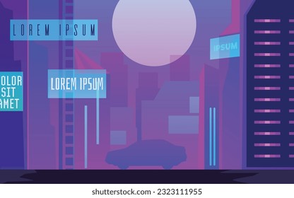 Vector posters with abstract visualization of the night future city. Modern futuristic megalopolis architecture buildings with car. Urban cityscape background with residential constructions