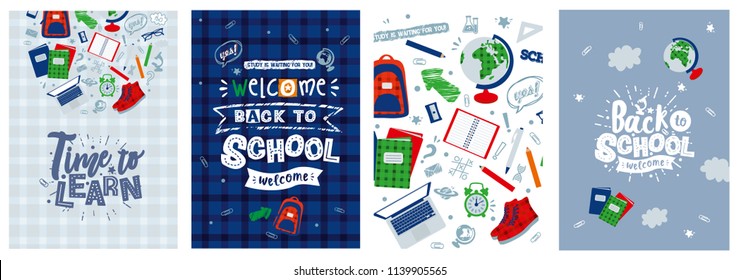 vector posters "back to school" and "time to learn," postcards and backgrounds on the school theme