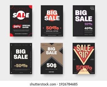 Vector posters with circles, crosses and triangles in black color, presentation poster with geometric design. Special offer and discount flyer template, promotional sales card. Booklet set