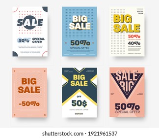 Vector Posters with cross, circles, triangles, color pattern, for a special offer in the online store, geometric design for sales. Social media brochure template, promotion and discount booklet. Set