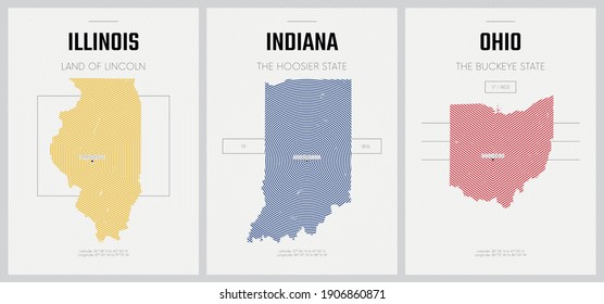 Vector posters detailed silhouettes maps of the states of America with abstract linear pattern, Division East North Central - Illinois, Indiana, Ohio - set 4 of 17